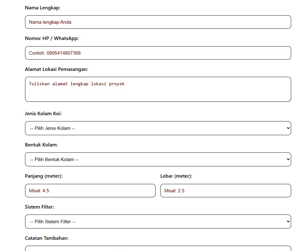 Form Pengajuan Pembuatan Kolam Koi - Berkah Taman Group