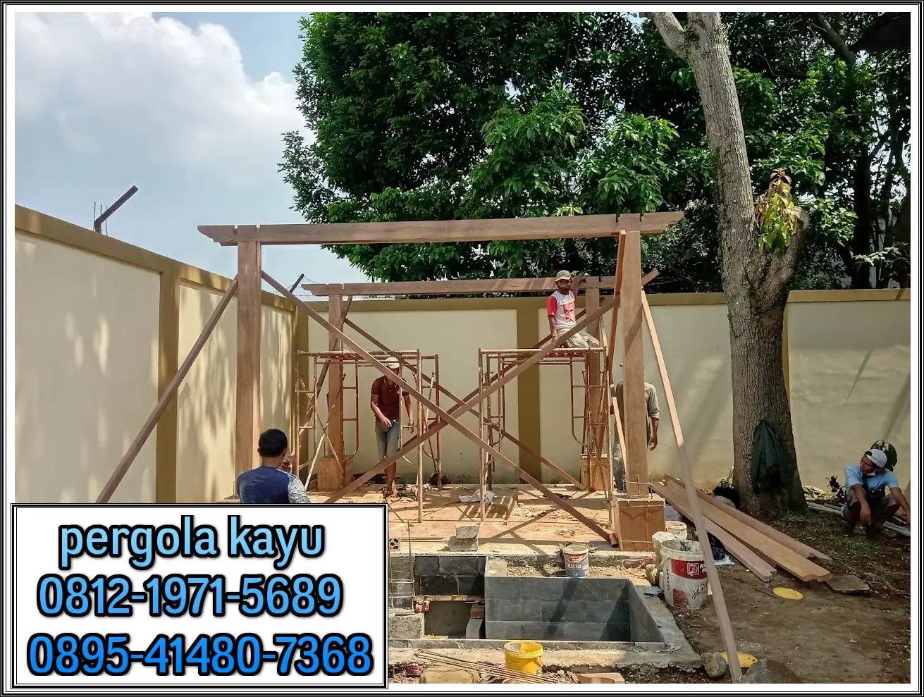 tukang pergola di yasmin bogor, Proses pemasangan pergola kayu kamper di Yasmin Bogor