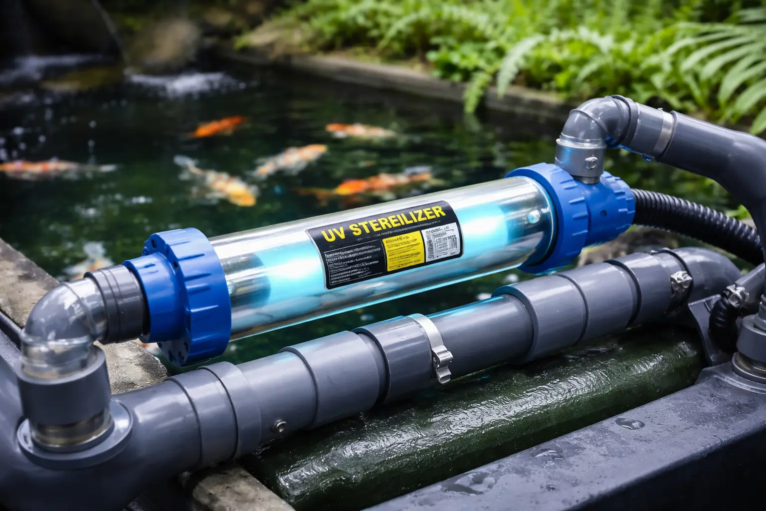Lampu UV kolam koi terpasang pada sistem filter untuk menjaga air tetap jernih
