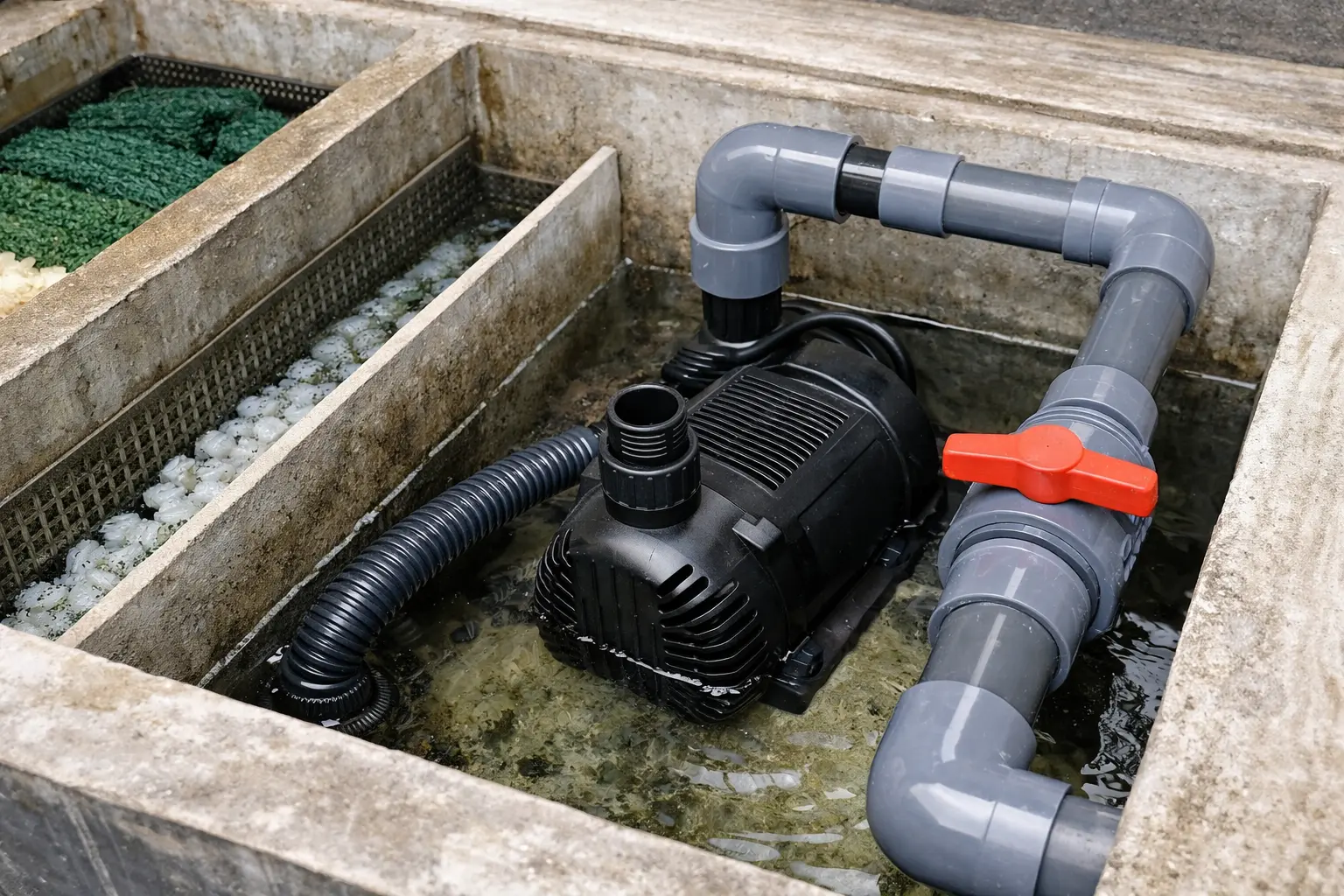 mesin pompa kolam koi di chamber filter terakhir