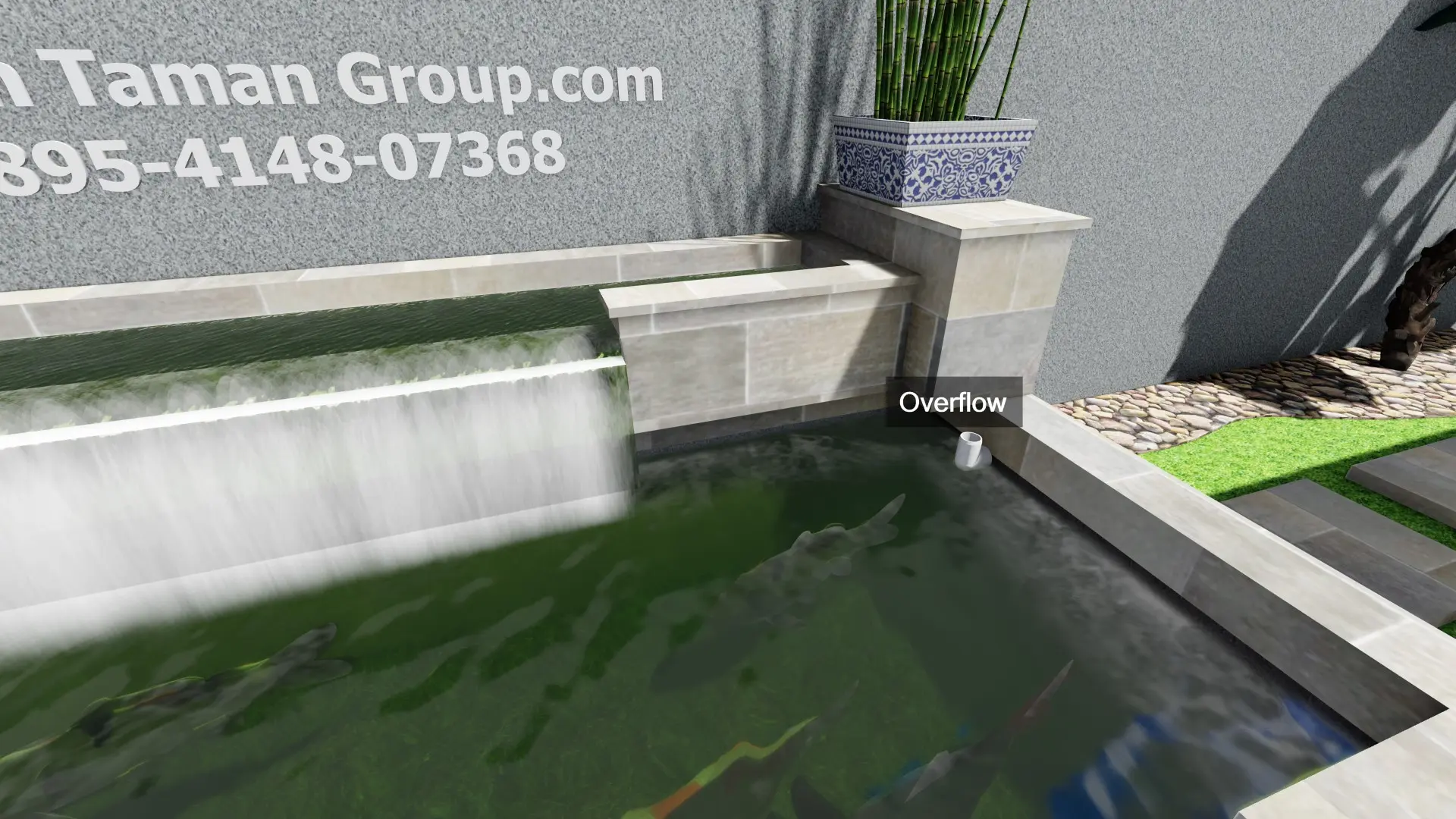 Overflow kolam koi outdoor untuk menjaga ketinggian air tetap stabil
