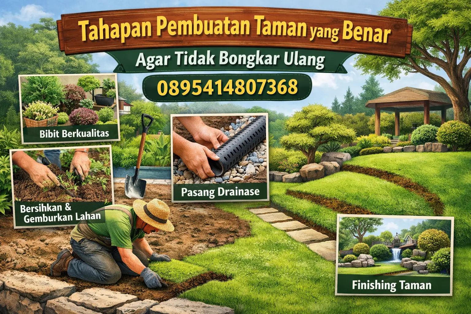 Tahapan pembuatan taman yang benar agar tidak bongkar ulang oleh tukang taman profesional, mulai dari persiapan lahan, drainase, penanaman rumput, hingga finishing taman